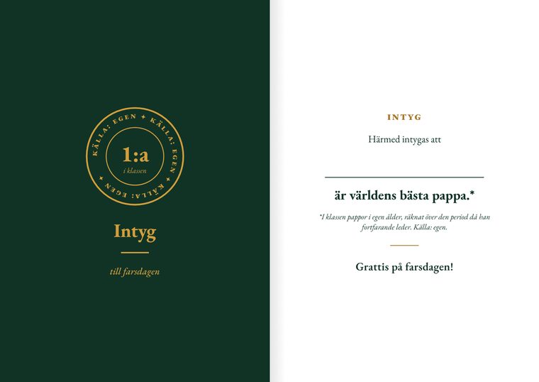 Kortet Intyget, framsida och insida.